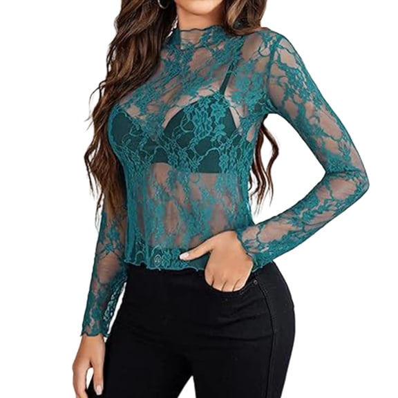 Mesh Top for Women Long Sleeve Mock Neck Sheer Blouse See Through Floral Lace Ruffle Trim T-Shirt Fitted Coverup Shirt