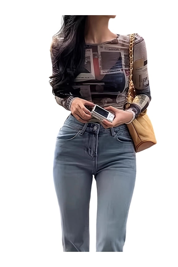 Mesh Top for Women Long Sleeve Round Neck See Through Shirt Scoop Neck Sheer Blouse CX0165 M