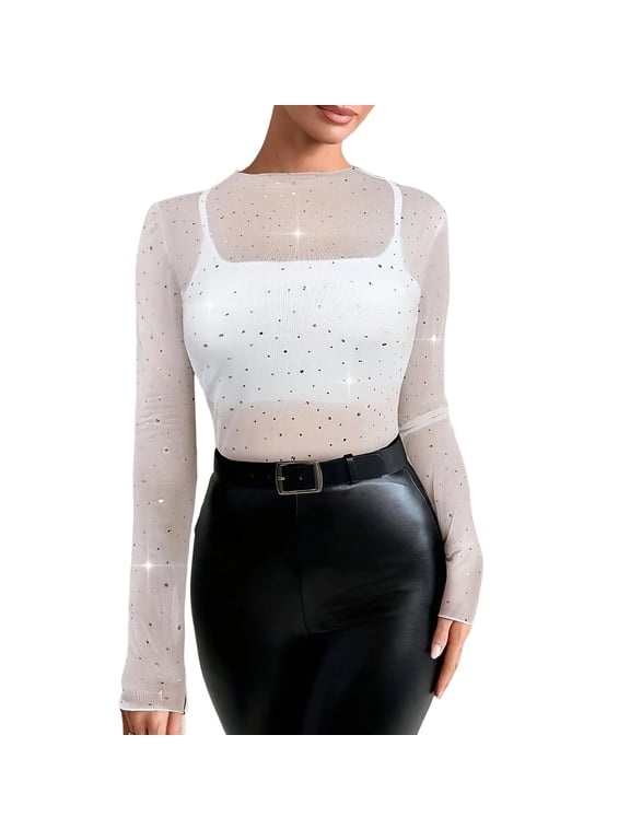 Mesh Top for Women Rhinestone Sparkly Long Sleeve Sheer Tee See Through Shirt Glitter Going Out Tops Clubwear
