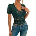 thumbnail image 1 of Mesh Top for Women Short Sleeve Crew Neck Fitted Top Solid Floral Lace Tee Shirts V Neck Sheer Blouses Dark Green XXL, 1 of 7