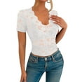 thumbnail image 1 of Mesh Top for Women Short Sleeve Crew Neck Fitted Top Solid Floral Lace Tee Shirts V Neck Sheer Blouses White L, 1 of 7