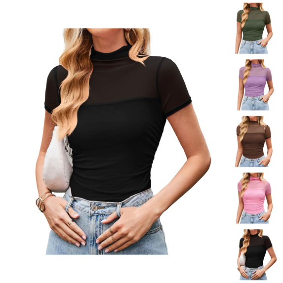 Mesh Top for Women Short Sleeve Neck Sheer Ruched Slim Fit Solid Stretchy Fitted Going Out Top
