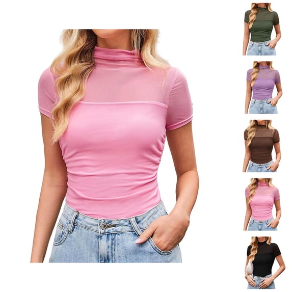 Mesh Top for Women Short Sleeve Neck Sheer Ruched Slim Fit Solid Stretchy Fitted Going Out Top