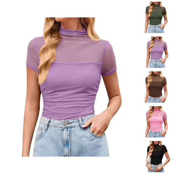 Mesh Top for Women Short Sleeve Neck Sheer Ruched Slim Fit Solid Stretchy Fitted Going Out Top