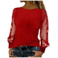 thumbnail image 1 of Mesh Tops Womens Glitter Lace See-through Long Sleeve Dressy Blouses Crew Neck Solid Color Party Shirts (M, Red), 1 of 6