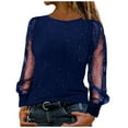 thumbnail image 1 of Mesh Tops Womens Glitter Lace See-through Long Sleeve Dressy Blouses Crew Neck Solid Color Party Shirts (XL, Blue), 1 of 5