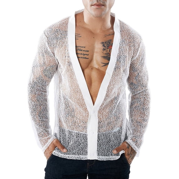 Mesh Tops for Men Casual V-Neck Long Sleeve Button Down Duster Cardigan for Summer Beach Holiday