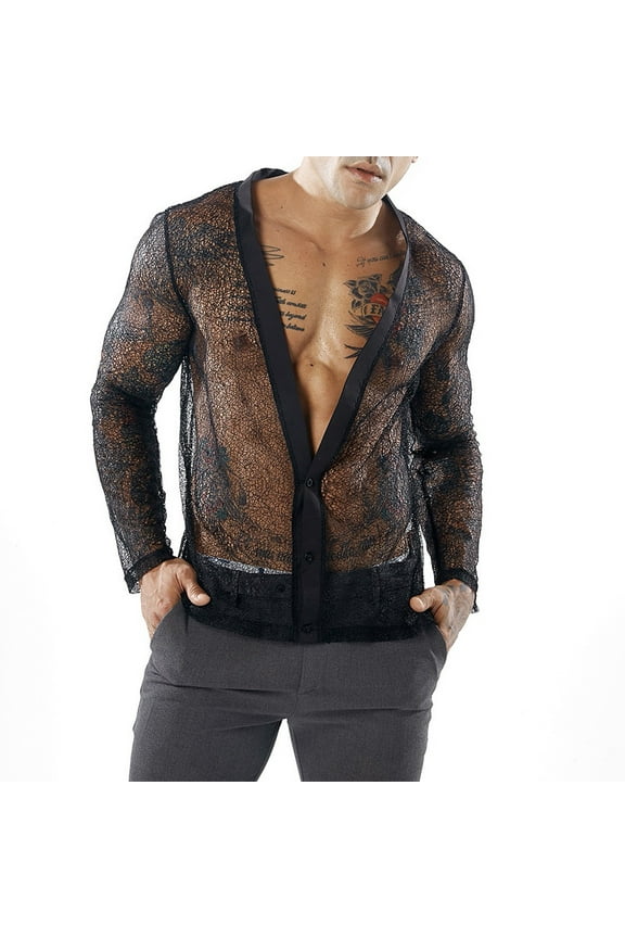 Mesh Tops for Men Casual V-Neck Long Sleeve Button Down Duster Cardigan for Summer Beach Holiday