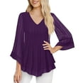 thumbnail image 1 of Mesh Tops for Women Dressy Casual 3/4 Length Bell Sleeve Glitter Blouses V Neck Ruffled Flowy Party Outfits (2XL, Purple), 1 of 7