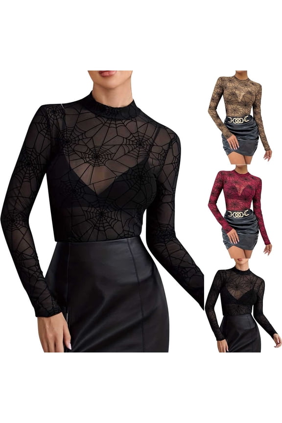 Tops for Women Mock Neck Long Sleeve Spider Web Print Slim Fit Stretchy Basic Womens Tops