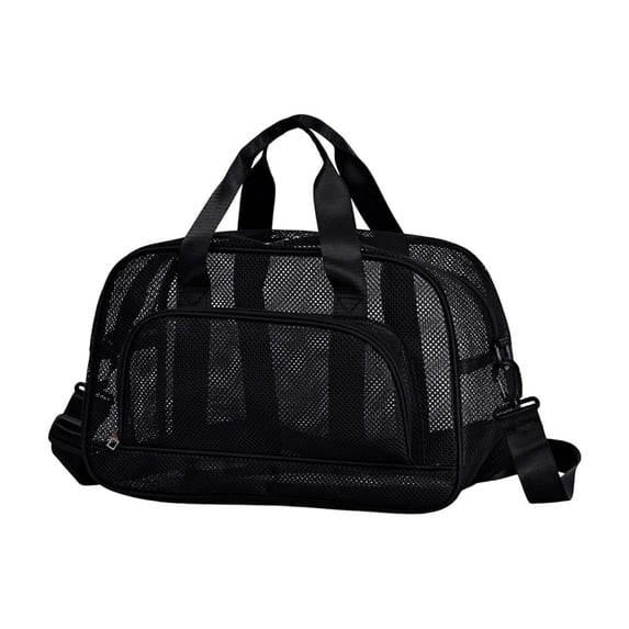Mesh Tote Bag for Women, 16''x7.5''x10'' Lightweight Breathable Polyester Shoulder Bag, Multiple Pockets, Adjustable Crossbody Strap, Black Gym Beach Travel Bag - Black