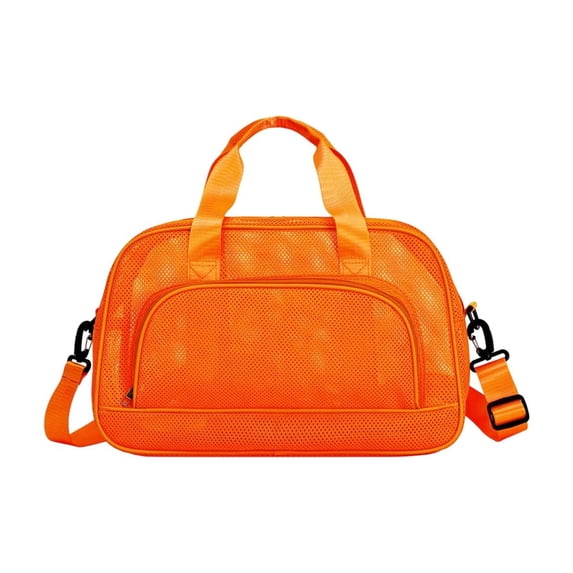 Mesh Tote Bag for Women, 16''x7.5''x10'' Lightweight Breathable Polyester Shoulder Bag, Multiple Pockets, Adjustable Crossbody Strap, Black Gym Beach Travel Bag - Orange