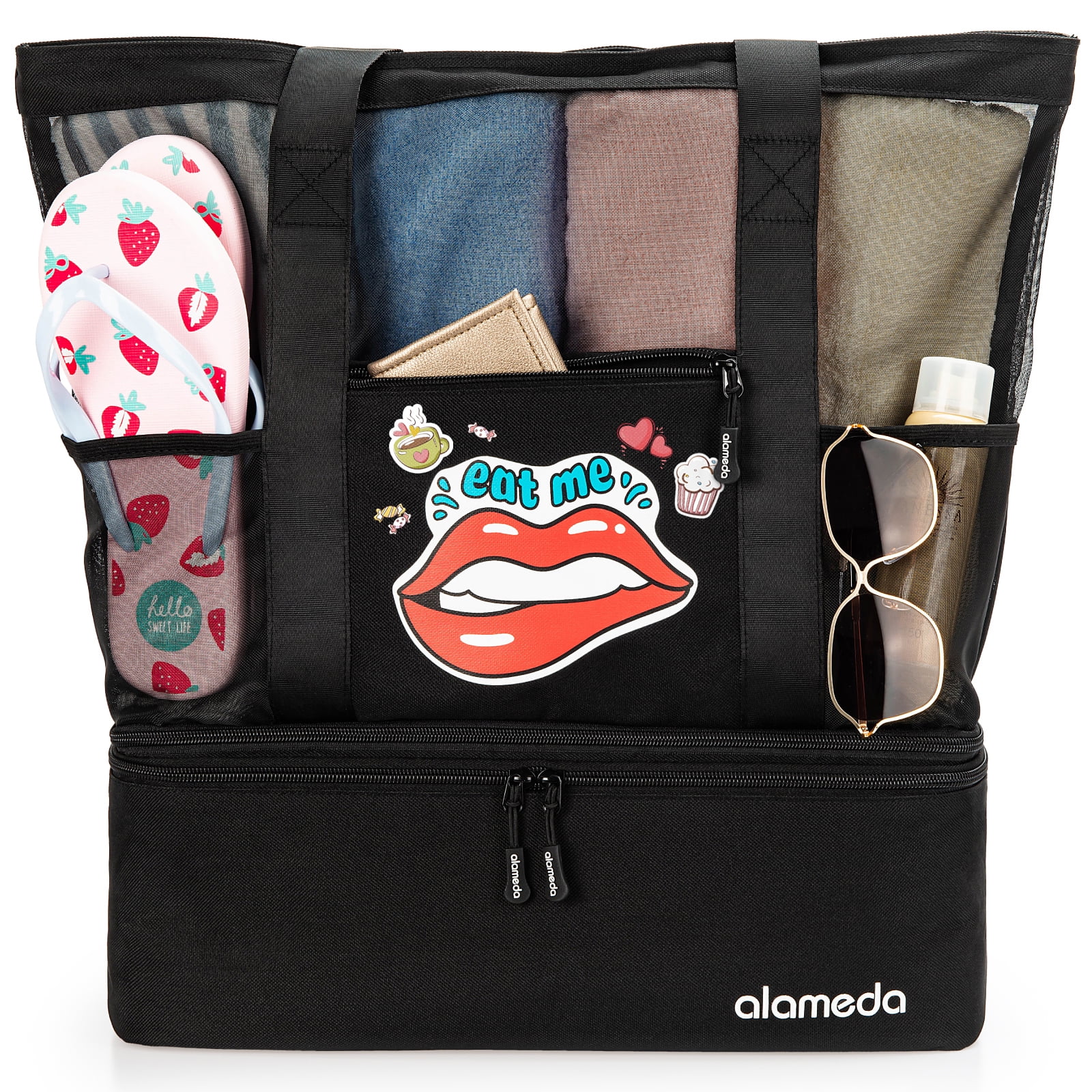 Mesh Tote Beach Bag Cooler Bags Insulated for Travel, Zipper Top High