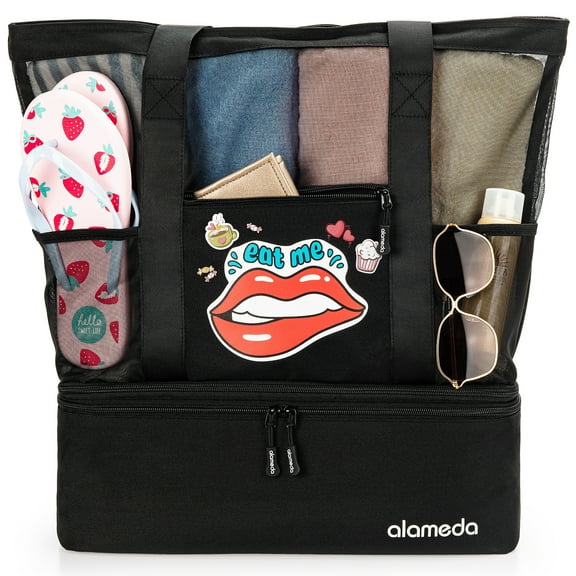 Mesh Tote Beach Bag - Cooler Bags Insulated for Travel, Zipper Top High Capacity Beach Pool Bag Black Candy