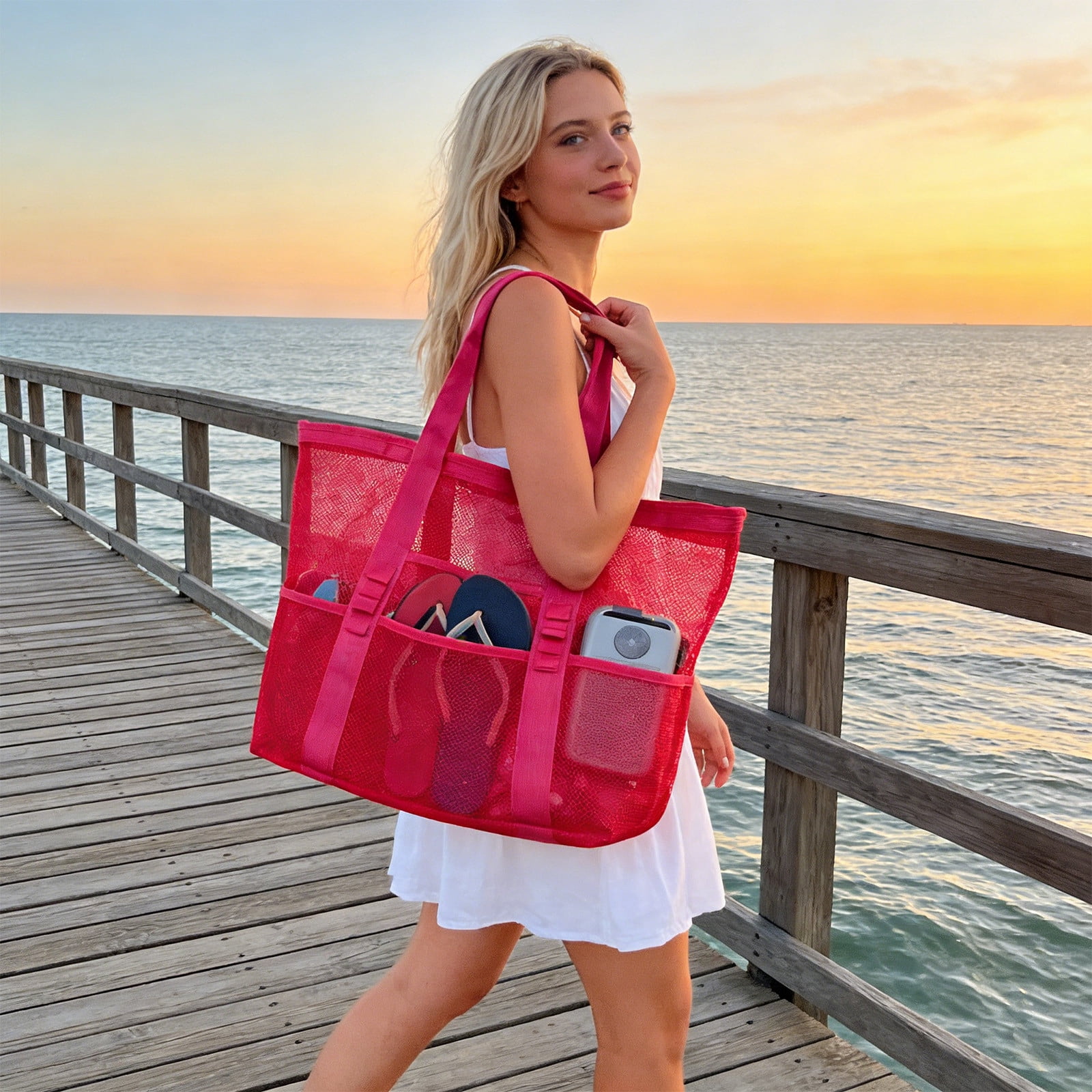 Mesh Tote Beach Bag Large Capacity Pool Toy Storage Organizer Bathroom Toiletries Travel Bag Breathable Carryall