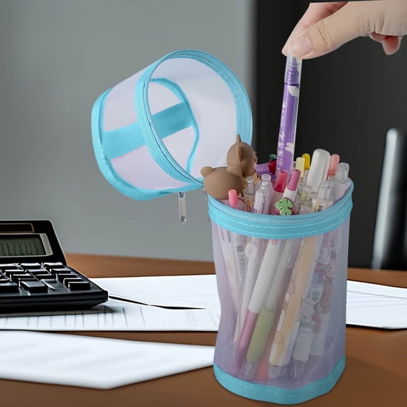 Mesh Transparent Circular Pen Bag Cylindrical High-Value Vertical Pen Bag Stationery Box for Pencils Markers Art Supplies Secure Organized Storage for Learners Artists and Office Topliu