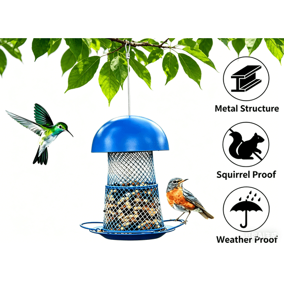 Mesh Tube Bird Feeders, All Metal,Wild Bird Feeder for Sunflower Seeds or Mealworm,Large Tray Weatherproof Roof for Outdoors Hanging