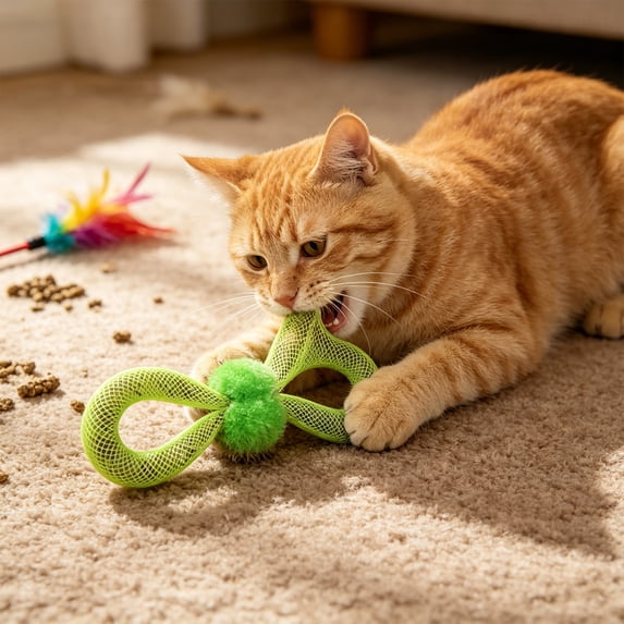 Mesh Tube Bow Tie Cat Toy with Bells, Crinkle Sound Interactive Teething Wand for Kittens, Chew Ring for Anxiety Relief and Boredom