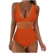 Mesh Tummy-Control Swimsuits for Women Deep V Neck Ruched One Piece Swimming Suits Sexy Slimming Beachwear Coffee, L