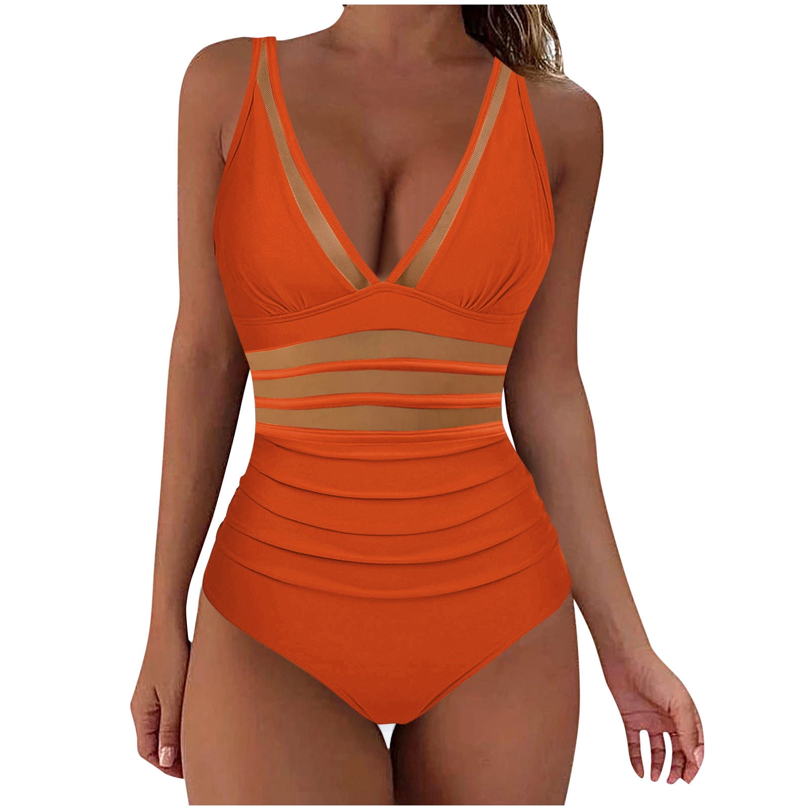 Mesh Tummy-Control Swimsuits for Women Deep V Neck Ruched One