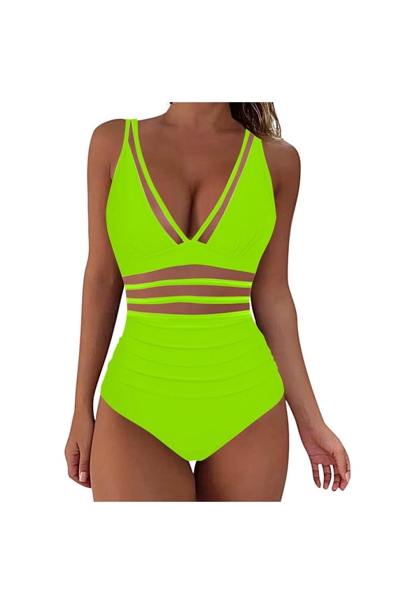 Mesh Tummy-Control Swimsuits for Women Deep V Neck Ruched One Piece Swimming Suits Sexy Slimming Beachwear Neon Green, L