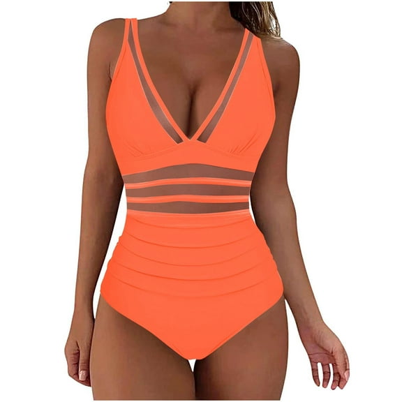 Mesh Tummy-Control Swimsuits for Women Deep V Neck Ruched One Piece Swimming Suits Sexy Slimming Beachwear Orange, L