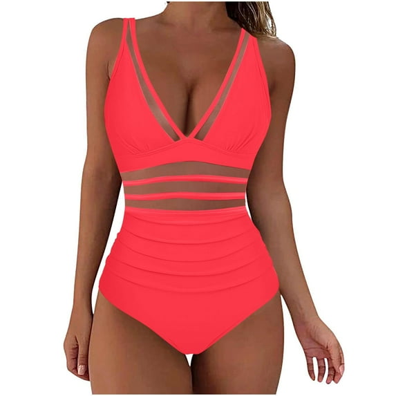 Mesh Tummy-Control Swimsuits for Women Deep V Neck Ruched One Piece Swimming Suits Sexy Slimming Beachwear Watermelon Red, XXL