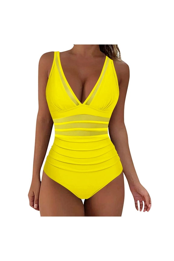 Mesh Tummy-Control Swimsuits for Women Deep V Neck Ruched One Piece Swimming Suits Sexy Slimming Beachwear Yellow, XXL