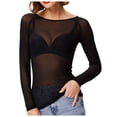 thumbnail image 1 of Mesh Undershirt Women Long Sleeve Layering Mock Neck Sheer See Through Plus Size Womens Clothing,Black,L, 1 of 4