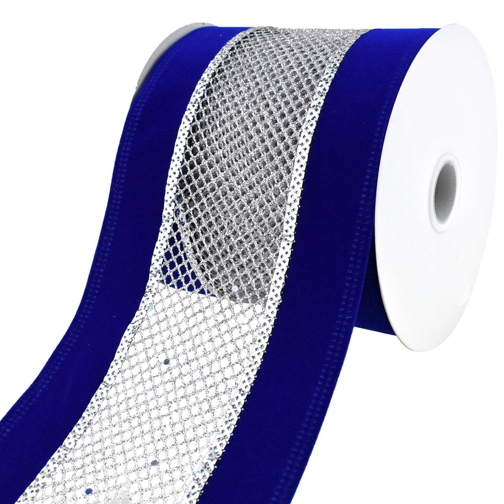 Mesh Velvet Wired Edge Christmas Ribbon, 4-Inch, 10-Yard - Royal Blue/Silver