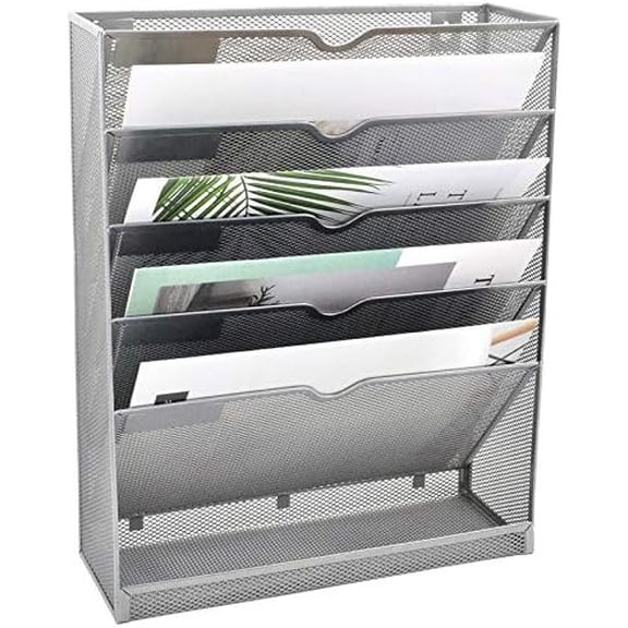 Mesh Wall File Organizer 6 Tier Vertical Mount Hanging Holder Magazine Rack with Bottom Flat Tray, Sides Closed, Silver