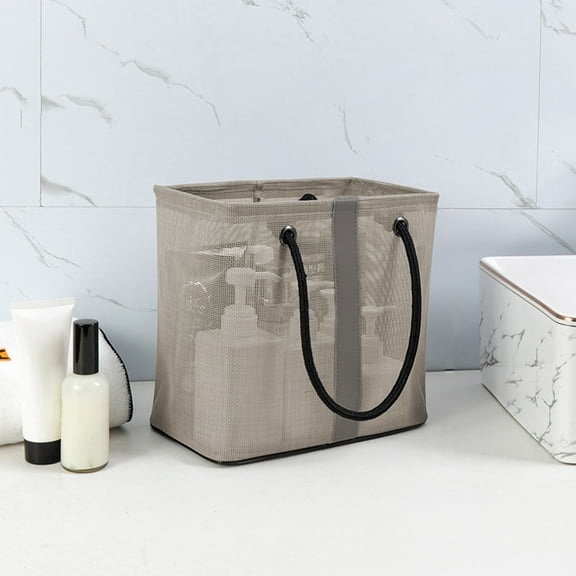 Mesh Wash Bag Organizer Tote | Portable Hand Carry Bath Bag Polyester Mesh | Large Capacity Beach Bag Gray Black 26x25x16cm | Quick Dry, Extra Wide Opening, Travel Gym Storage