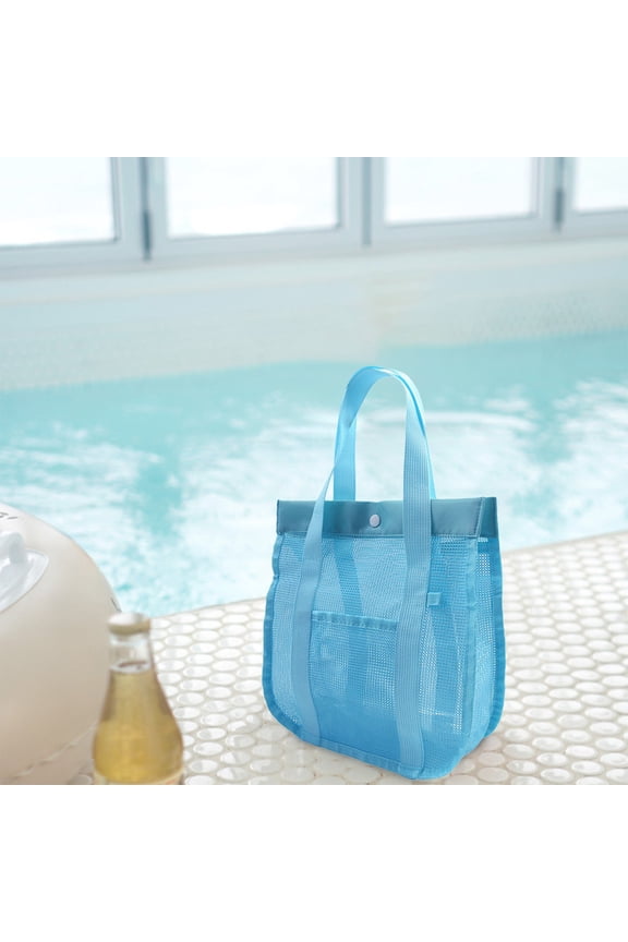 Mesh Wash Bag Portable Multi-Pocket Organizer Tote - Nylon/Spandex, Wide Opening & Snap Closure, Hand Carry for Bath/Beach/Toy Storage (29x10x33cm)