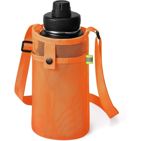 Mesh Water Bottle Holder with Adjustable Shoulder Strap and Pocket - Lightweight Carrier for Walking, Sports, Hiking, Camping