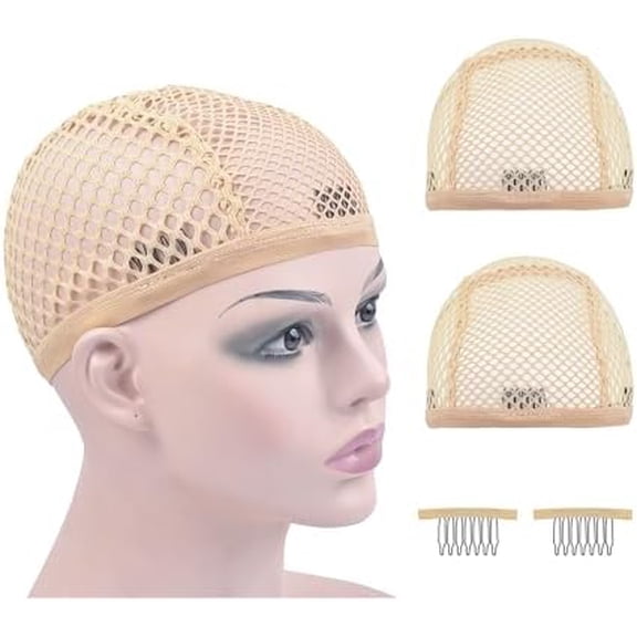 Mesh Wig Caps Crochet Wig Caps with Combs for Making Wigs (Beige 2 count)