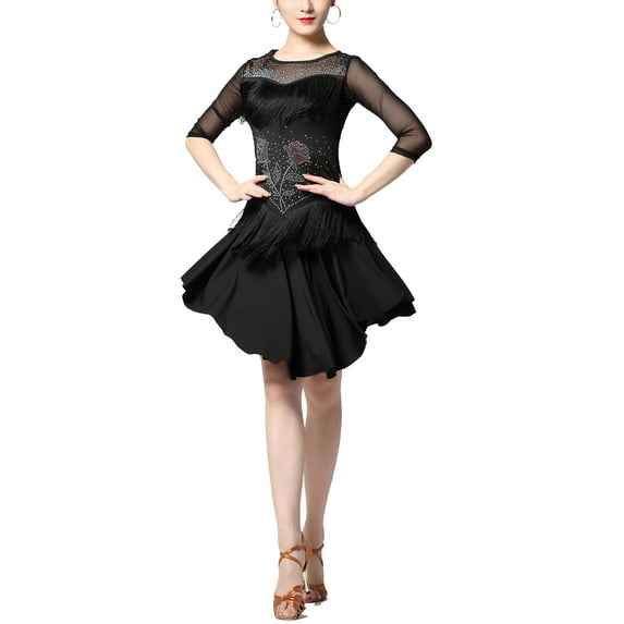 Mesh Yoke Sheer Sleeve Rhinestone Ruffle Fringe Bustline Dance Performance Practice Dresses