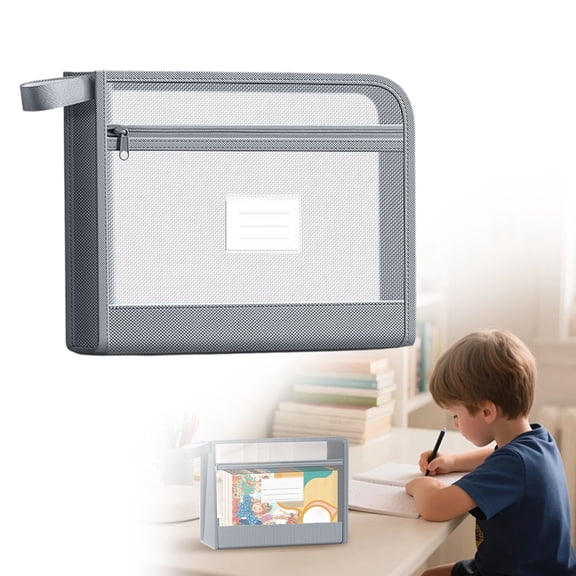 Mesh Zipper Bag Double Layer Document Organizer Pouch with Handle and Label Slot Transparent Nylon File Bag for School Office Travel Puzzle Storage Gray