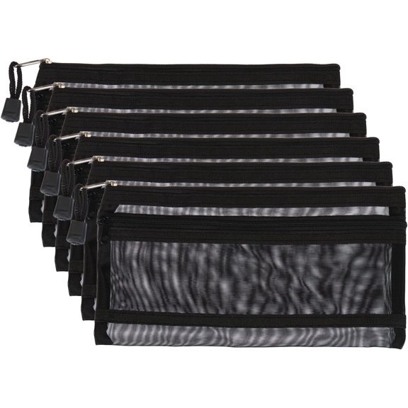 Mesh Zipper Bags, 6 Pack Nylon B6 Size Pen Pencil Travel Cases Toiletry Cosmetic Makeup Pouches Zipper Files Purse Organizer for Office, Black