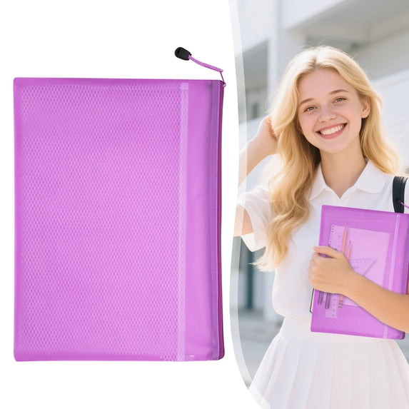 Mesh Zipper File Bag - Transparent Document Bag with Zipper - Multipurpose Mesh Pouch for Papers Makeup Travel - Rose Red A4