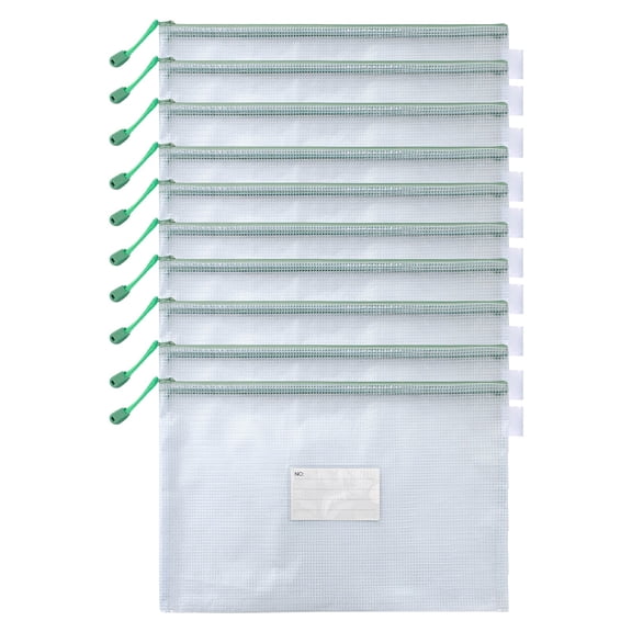 Mesh Zipper Pouch 10 Pack, A4 Size Plastic Mesh Zipper Bags with Label Pocket, Clear File Folders for Document & Board Game Storage, Travel Organizer Bags for School, Office Supplies