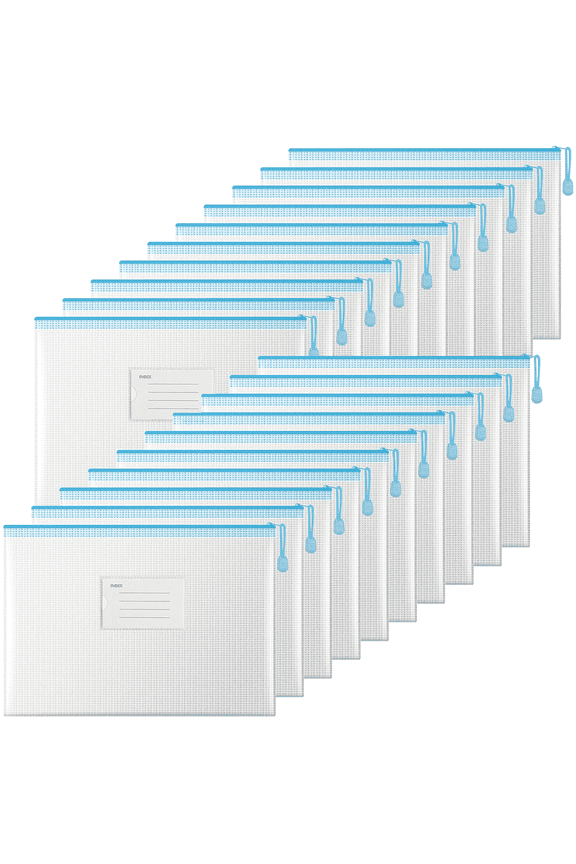 20 pack Mesh Zipper Pouch with Label Pocket, A4 Letter Size, Clear Plastic Zip Bags for Board Game, Waterproof and Durable Document Organizer for Office, School, Travel