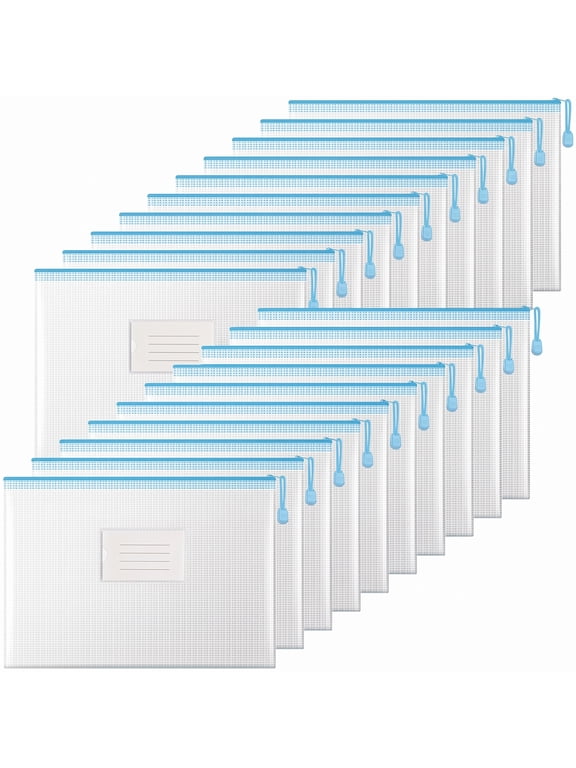 20 pack Mesh Zipper Pouch with Label Pocket, A4 Letter Size, Clear Plastic Zip Bags for Board Game, Waterproof and Durable Document Organizer for Office, School, Travel