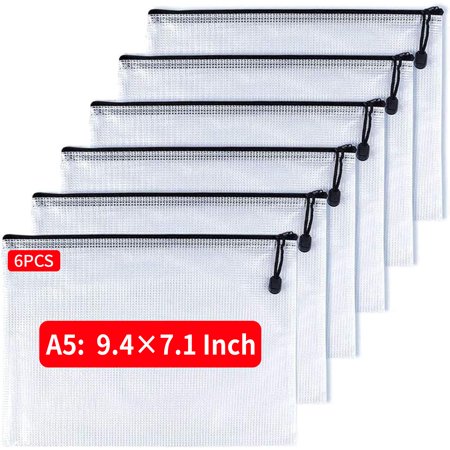 Mesh Zipper Pouch, 6PCS Waterproof Plastic Mesh ZipperBag, A5 Size Tear-Resistant Document Pouch, Extra Large Zip File Bags, for School Office Supplies Home Travel Storage(9.4×7.1 Inch)