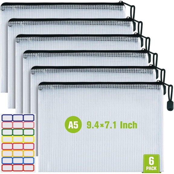 Mesh Zipper Pouch, 6PCS Waterproof Plastic ZipperBag, A5 Size Tear-Resistant Document Extra Large Zip File Bags, for School Office Supplies Home Travel Storage(9.4×7.1 Inch)