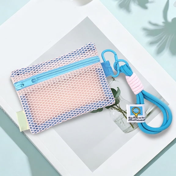 Mesh Zipper Pouch with Lanyard Portable Mini Storage Bag,Pink