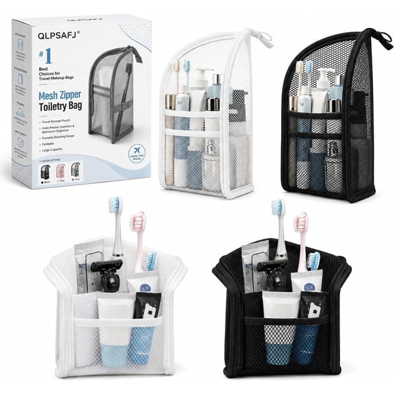 Mesh Zipper Toiletry Bag for Travel Storage Pouch Multi-pocket Travel Cosmetic Bathroom Count Hanging Organizer Portable Standing Makeup Foldable Clear Waterproof EVA Large Capacity(4pc)