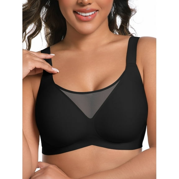 Mesh bras for women jelly bra wireless bras for women seamless wide strap bras for women push up full coverage womens bra no wire comfortable everyday minimizer bra no underwire bralettes Black L
