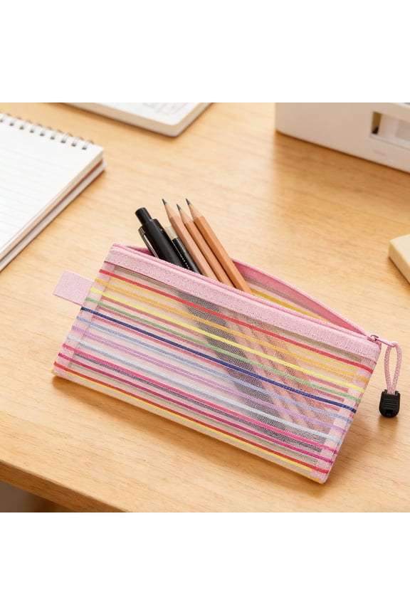 Mesh makeup bag with Rainbows Zipper, striped makeup bag Cosmetic Pouches Travel Organizer for Purse Diaper Bag Home Organizing Striped Mix 4 Colors