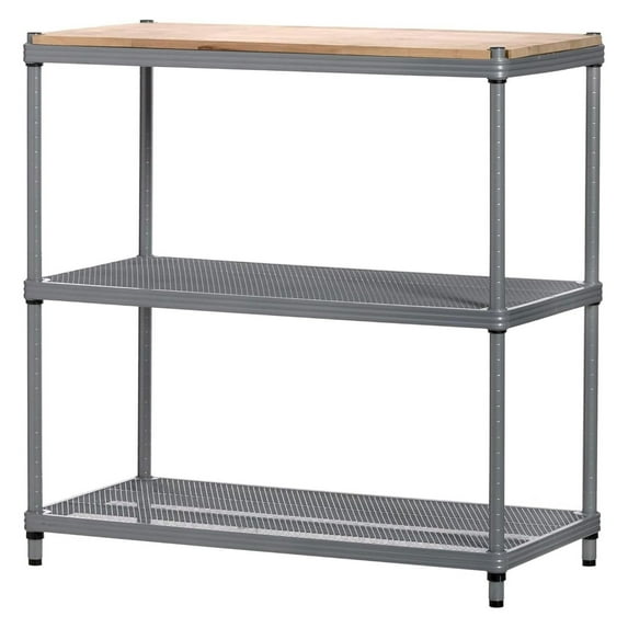 MeshWorks Metal Storage Wood Top Workbench Shelving Unit Rack for Garage and Kitchen Storage, 35.4” x 17.7” x 35.4”, Silver