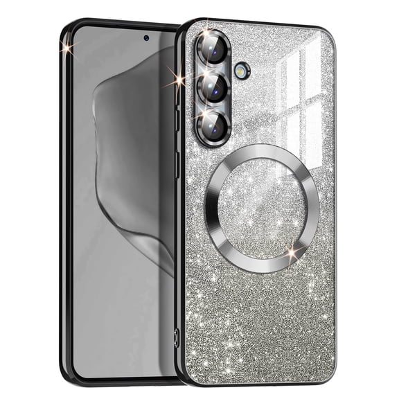 Meshine Clear Magnetic Case for Samsung Galaxy S25 Plus,Luxury Plating Cute Transparent Bling Sparke Case for Women Girls,Black